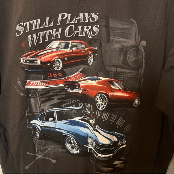 “Still Plays With Cars” T-Shirt Mens XL Chevrolet GM Chevy Gray Short Sleeve Tee - Picture 2 of 6